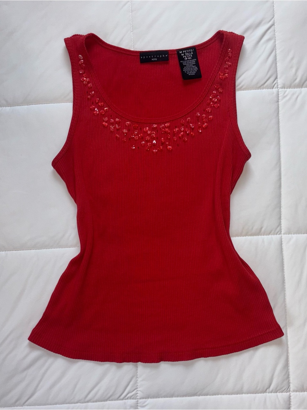 Apostrophe Red Beaded Embellished Ribbed Tank Top